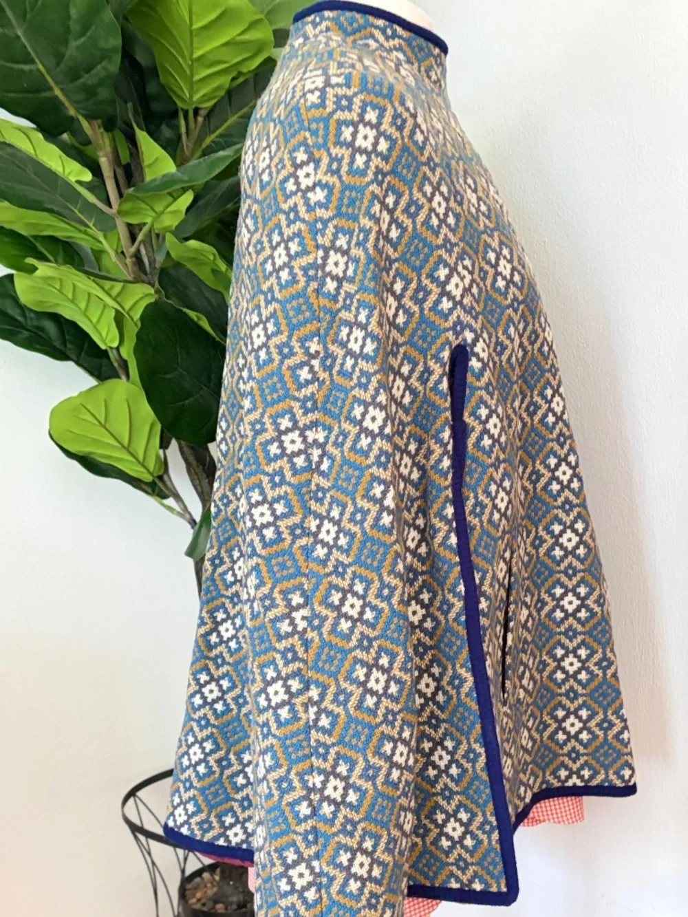 Vintage Welsh Wales Wool Tapestry Geometric Print Gold Blue White Asymmetric